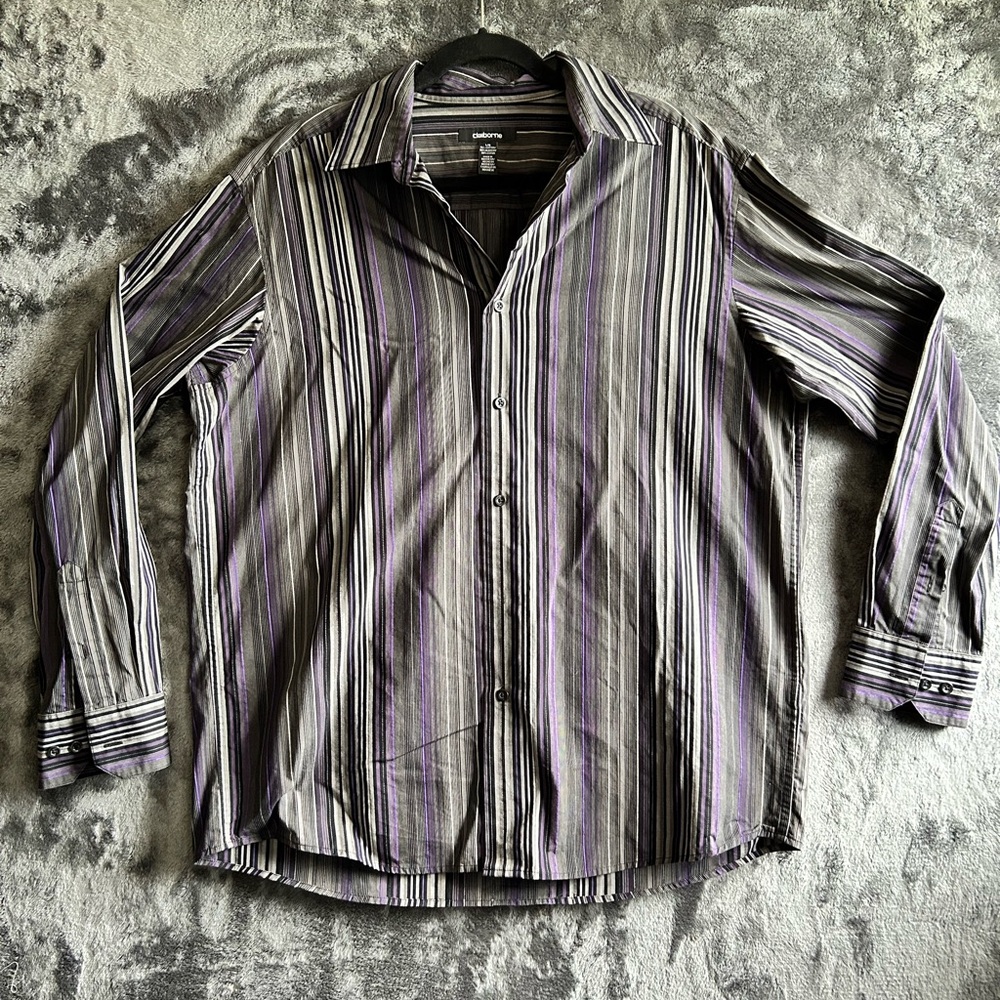 Vtg Claiborne Men's L Purple Gray Striped Long Sleeve Button Up Cotton Shirt